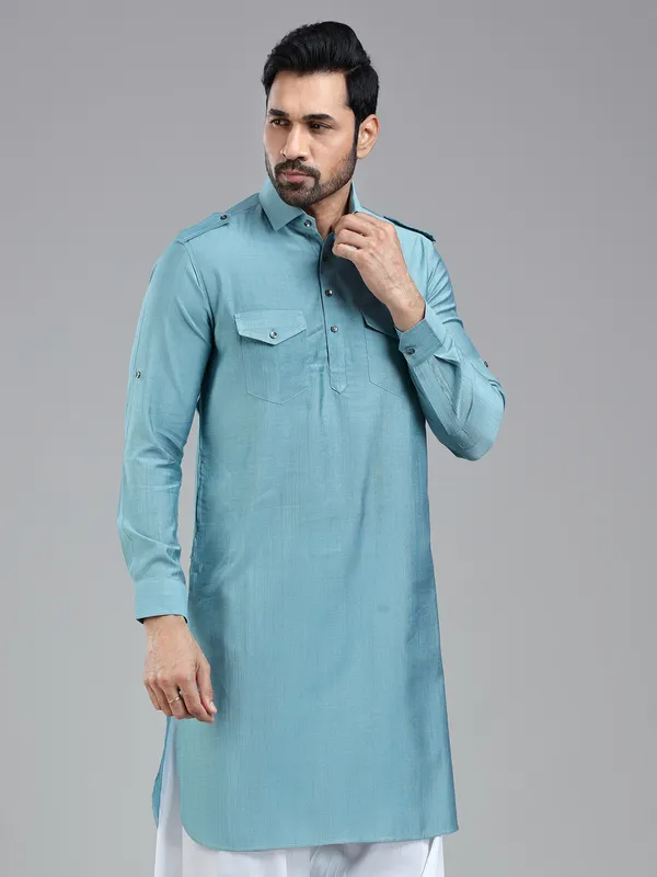 Luxurious firozi blue mens pathani kurta