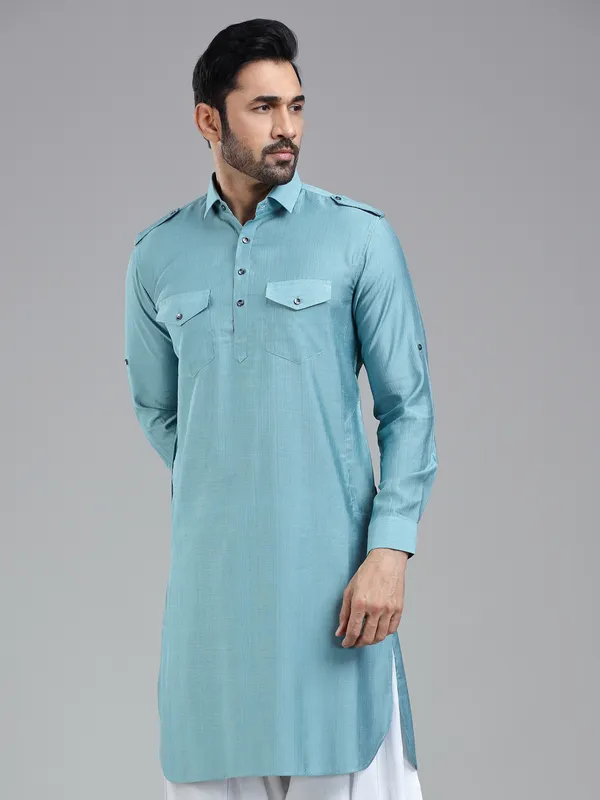 Luxurious firozi blue mens pathani kurta