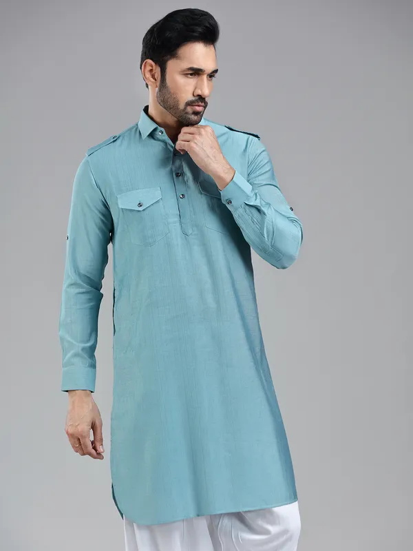 Luxurious firozi blue mens pathani kurta