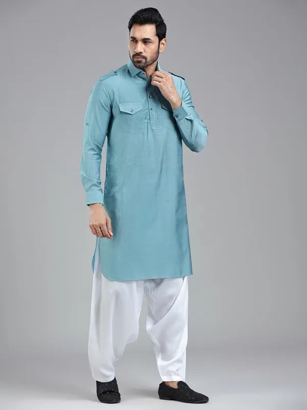 Luxurious firozi blue mens pathani suit