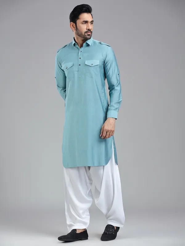 Luxurious firozi blue mens pathani suit