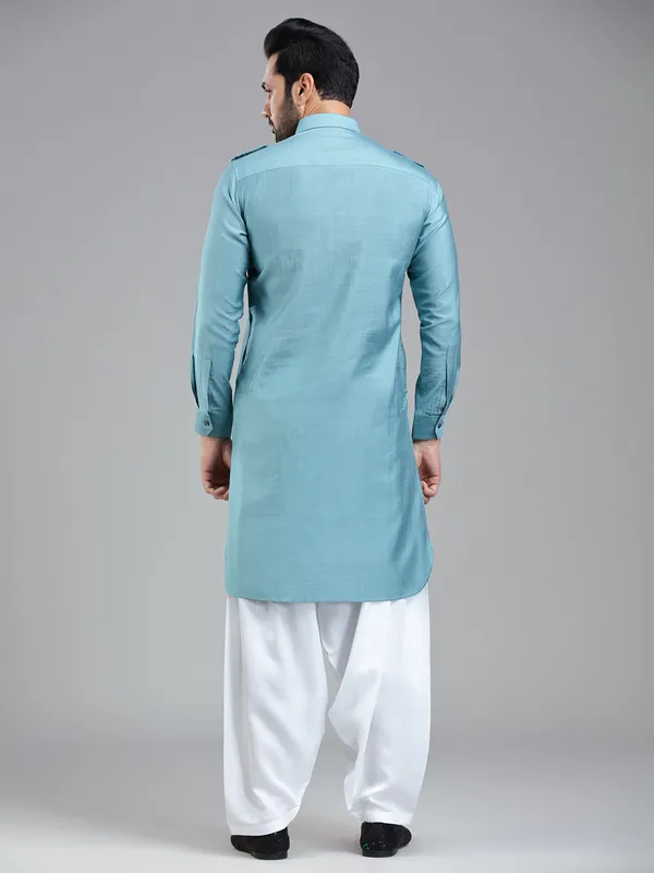 Luxurious firozi blue mens pathani suit