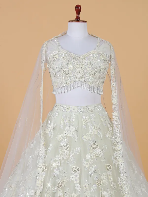 Luxurious looking off white net lehenga choli