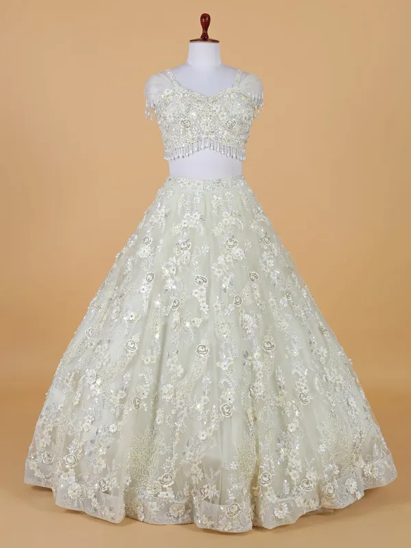 Luxurious looking off white net lehenga choli