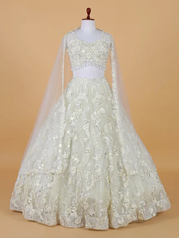 Luxurious looking off white net lehenga choli