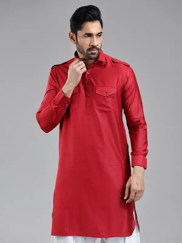 Luxurious presenting dark red mens pathani kurta