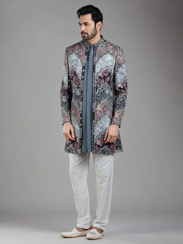 Luxurious stone grey silk indowestern with printed design