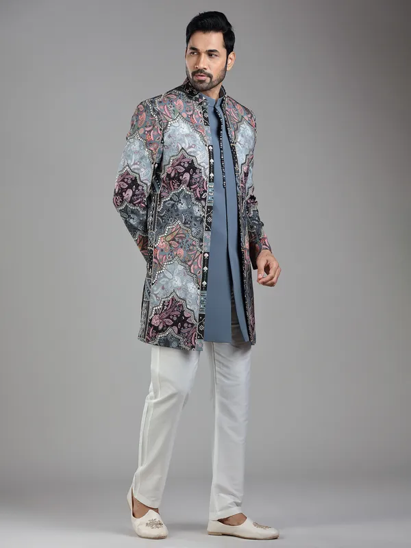 Luxurious stone grey silk indowestern with printed design