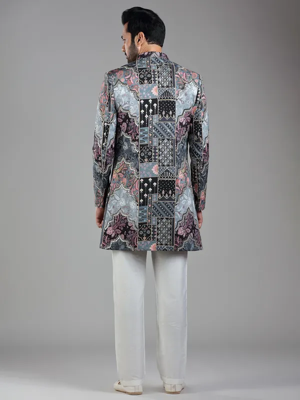 Luxurious stone grey silk indowestern with printed design