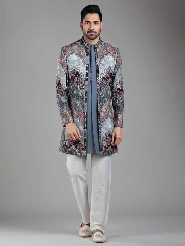 Luxurious stone grey silk indowestern with printed design