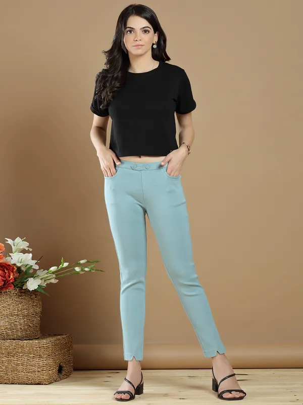 Lycra causal wear plain jeggings in sky blue