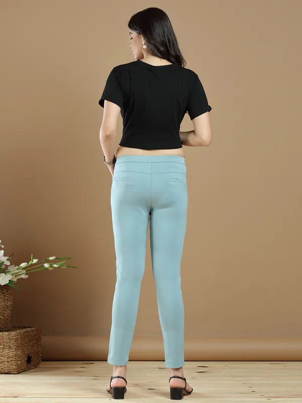 Lycra causal wear plain jeggings in sky blue