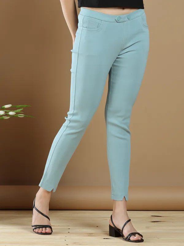 Lycra causal wear plain jeggings in sky blue