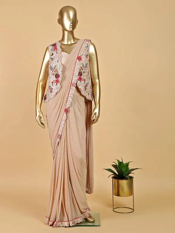Lycra ready to wear saree in beige