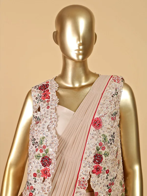 Lycra ready to wear saree in beige