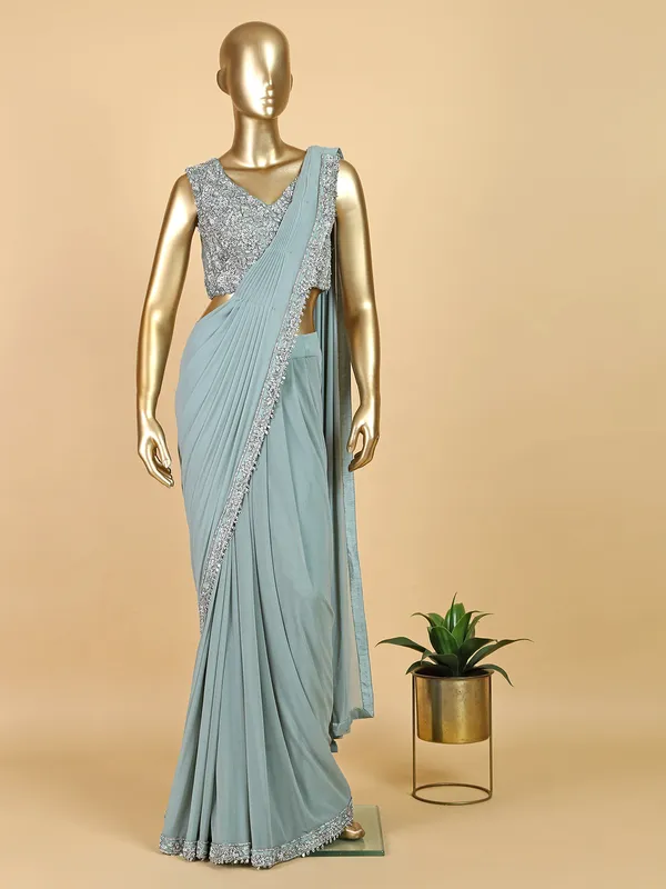 Lycra ready to wear saree in sage green