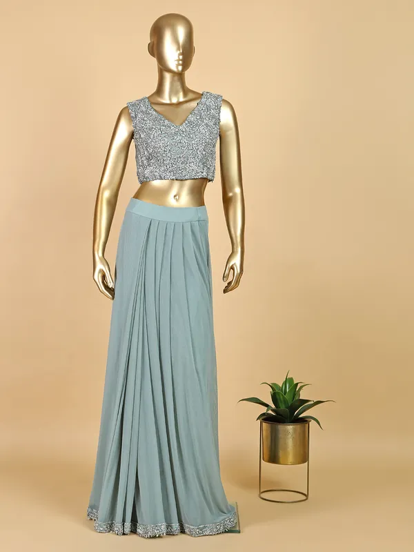 Lycra ready to wear saree in sage green