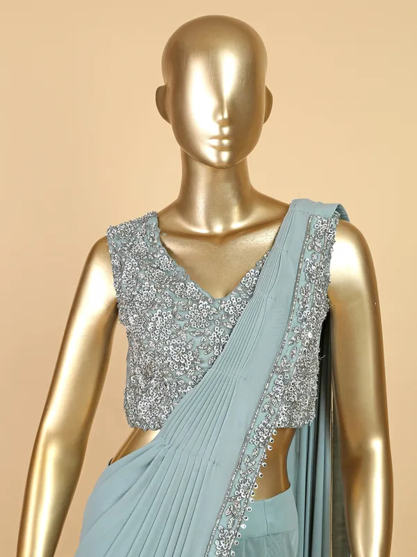 Lycra ready to wear saree in sage green