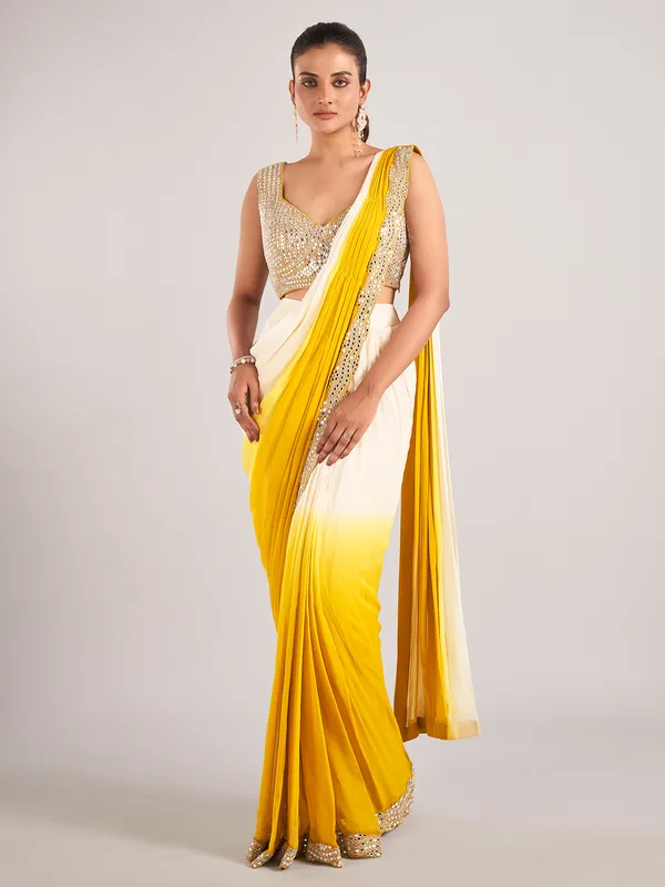 Lycra ready to wear saree in shaded cream and yellow