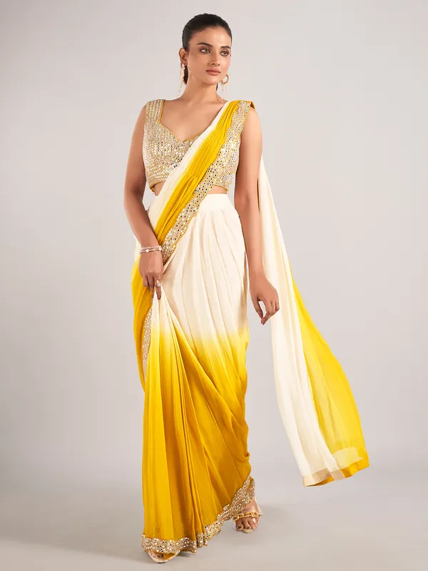 Lycra ready to wear saree in shaded cream and yellow