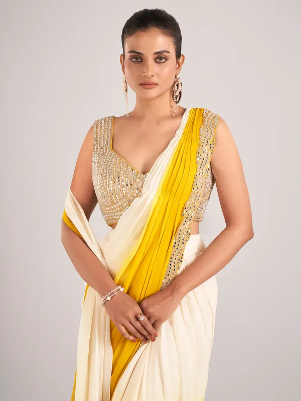 Lycra ready to wear saree in shaded cream and yellow