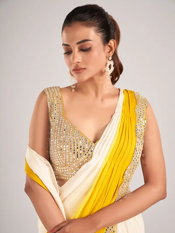 Lycra ready to wear saree in shaded cream and yellow