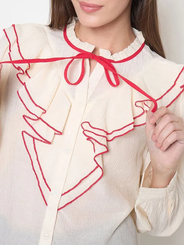 MADAME red and white linen top for women