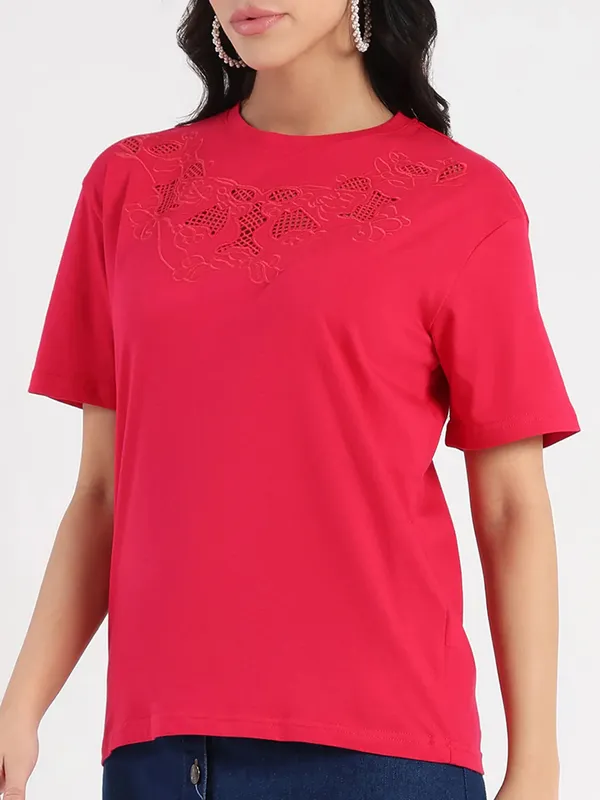 MADAME red cotton t-shirt with cutwork