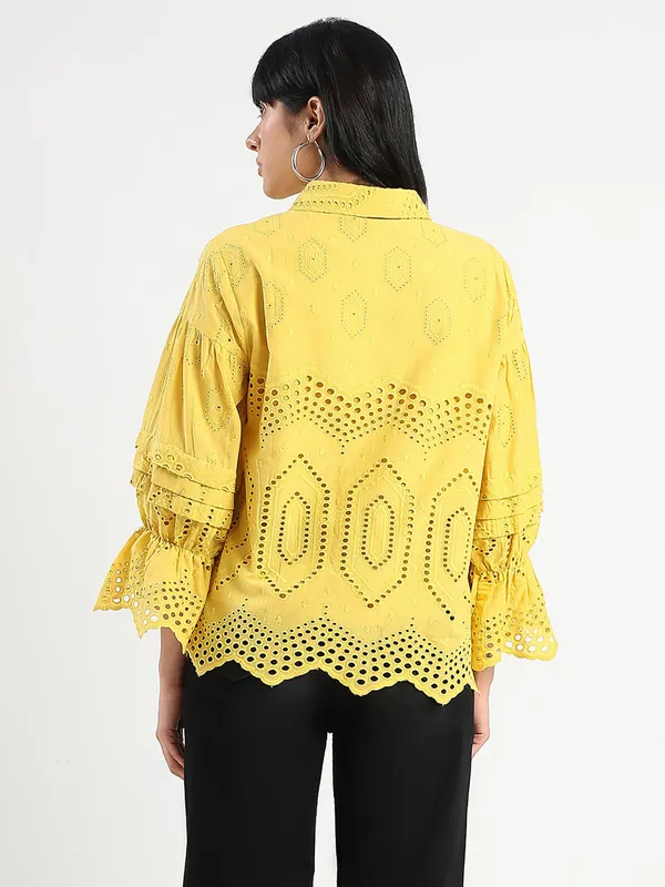 MADAME yellow cotton shirt with cutwork for women