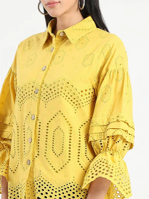 MADAME yellow cotton shirt with cutwork for women