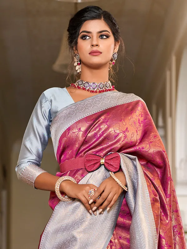 Magenat silk saree with contrast border
