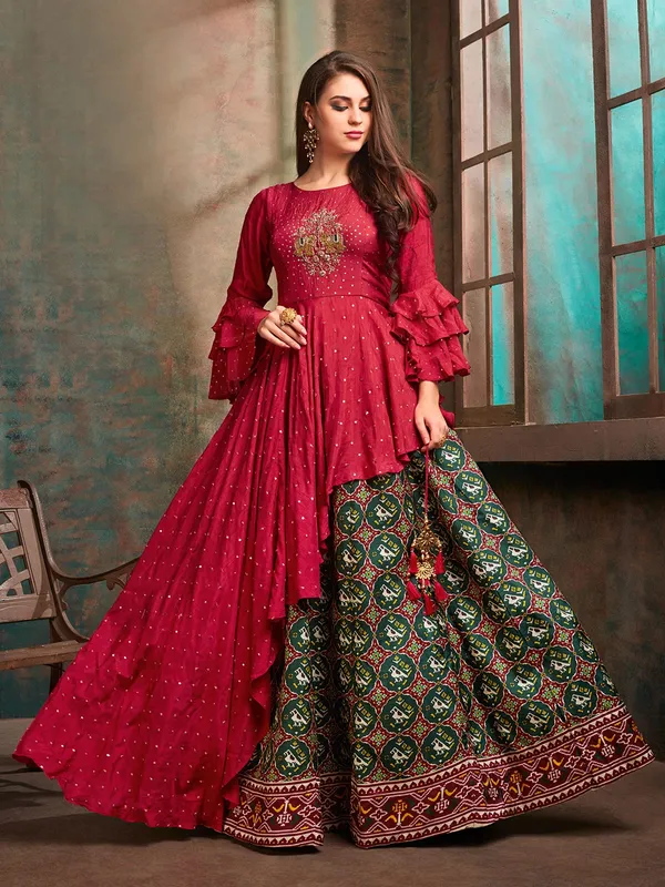 Magenta and green patola silk designer lehenga suit