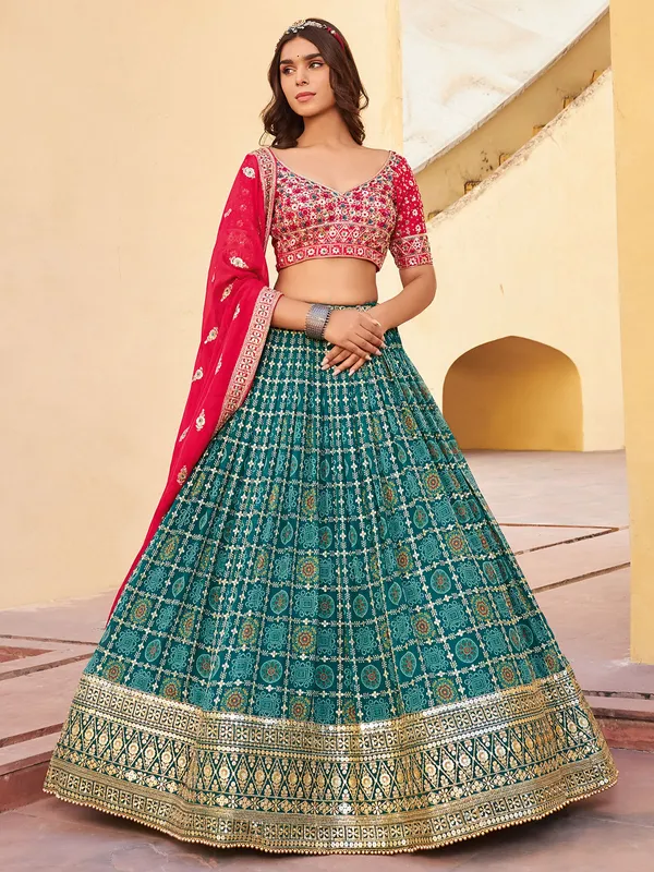 Magenta and green printed georgette lehenga choli