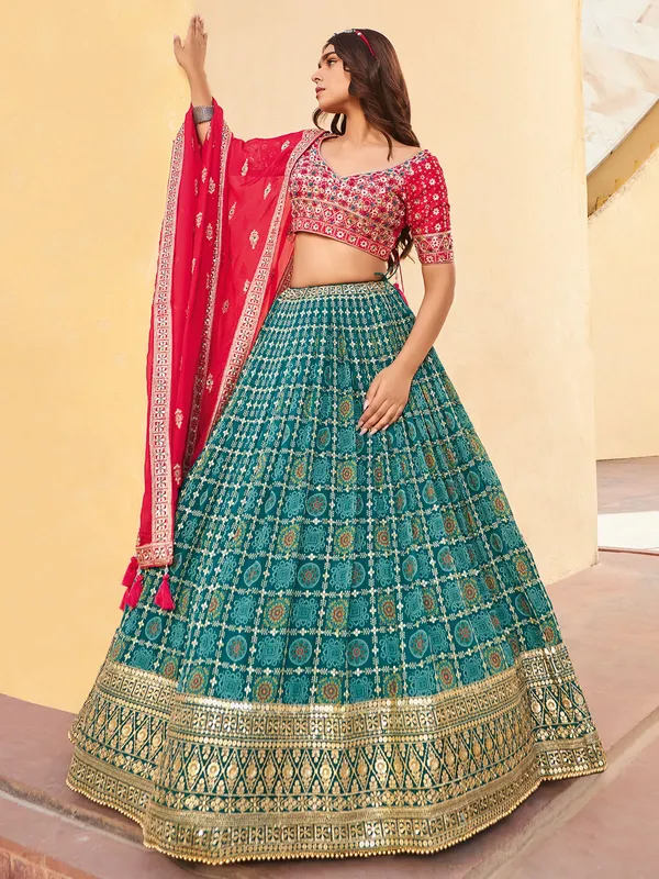 Magenta and green printed georgette lehenga choli