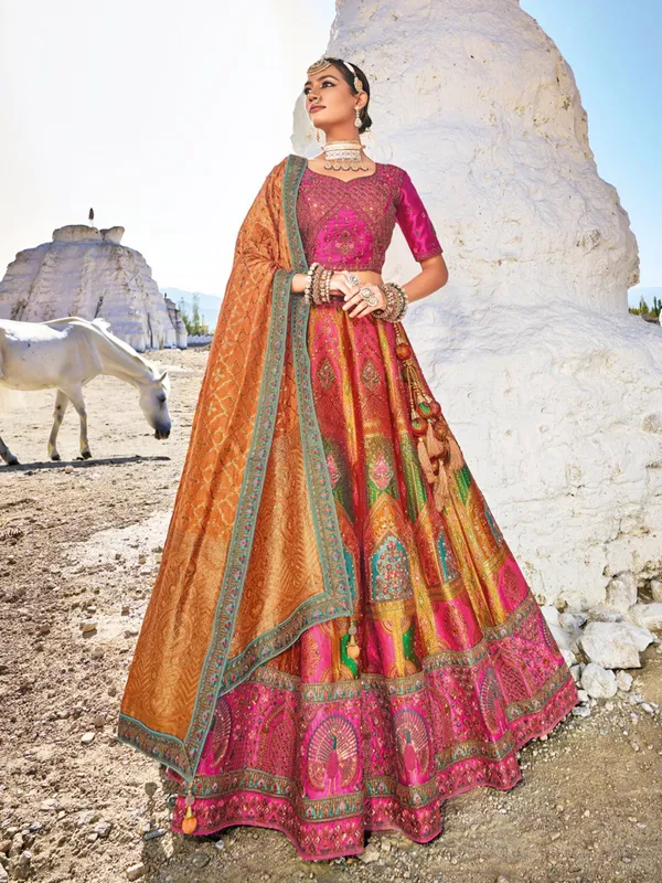 Magenta and green unstitched lehenga choli