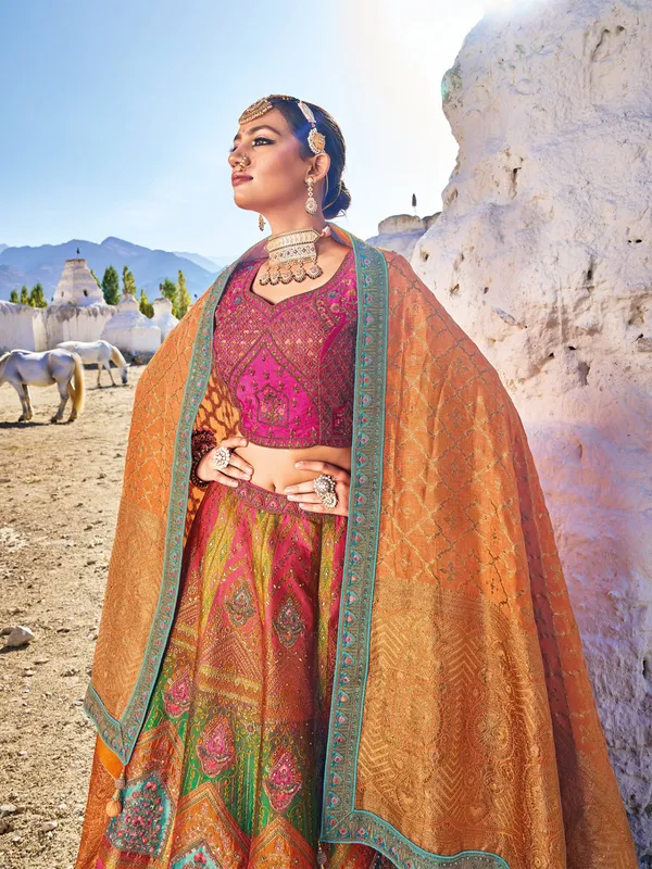 Magenta and green unstitched lehenga choli
