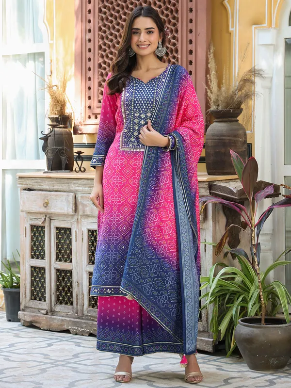 Magenta and navy printed silk kurti set