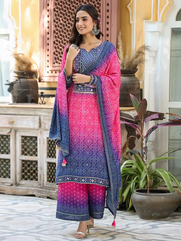 Magenta and navy printed silk kurti set