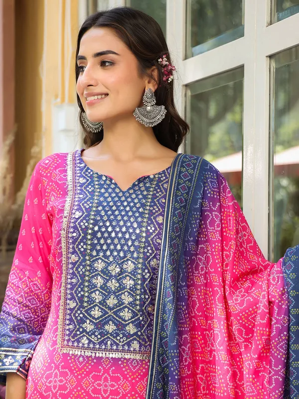 Magenta and navy printed silk kurti set