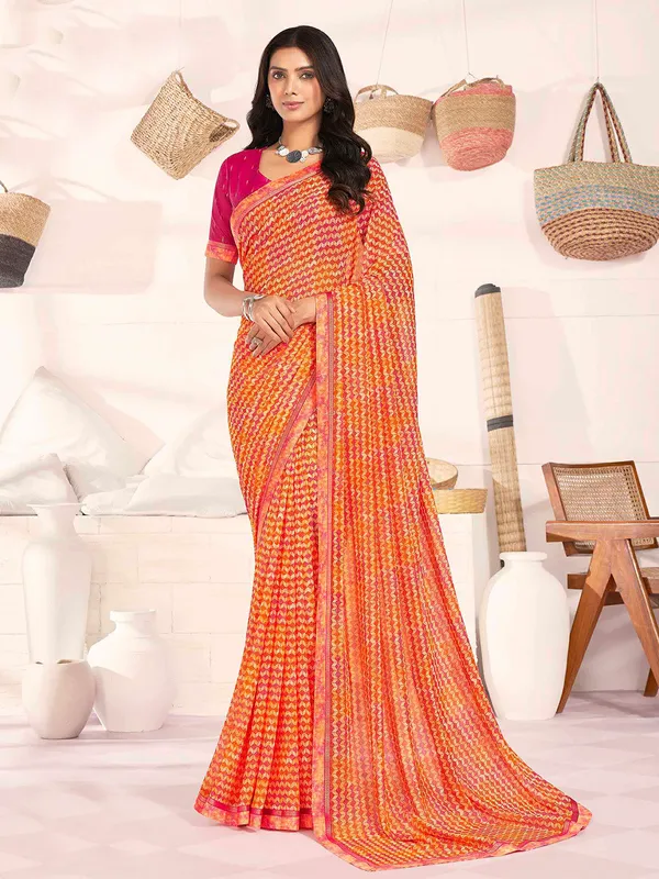 Magenta and orange printed saree