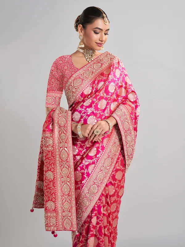 Magenta banarasi silk saree for grand wedding wear