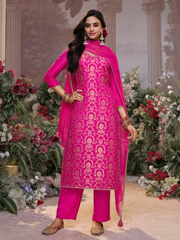 Magenta banarasi silk U neck festive salwar suit