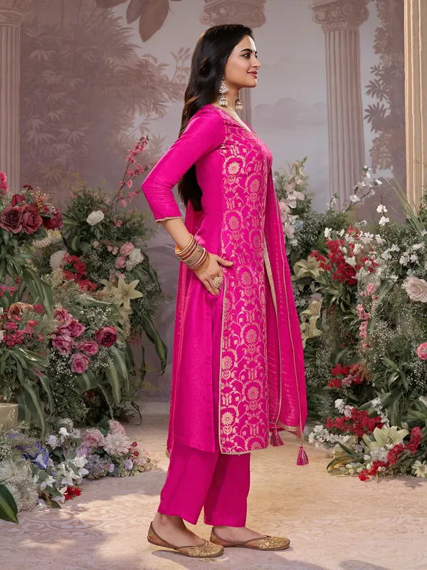 Magenta banarasi silk U neck festive salwar suit
