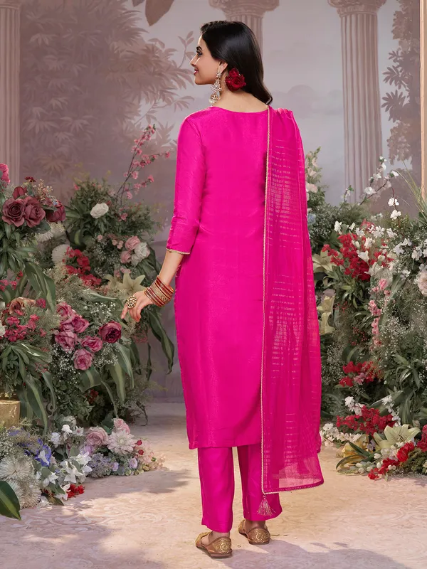 Magenta banarasi silk U neck festive salwar suit