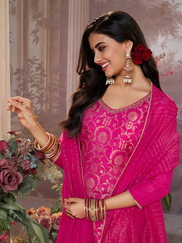 Magenta banarasi silk U neck festive salwar suit