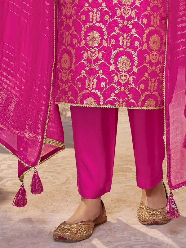 Magenta banarasi silk U neck festive salwar suit