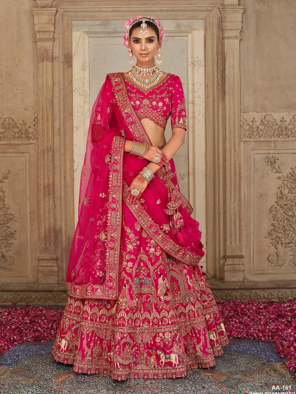 Magenta bridal silk lehenga choli with resham and sequins detailing