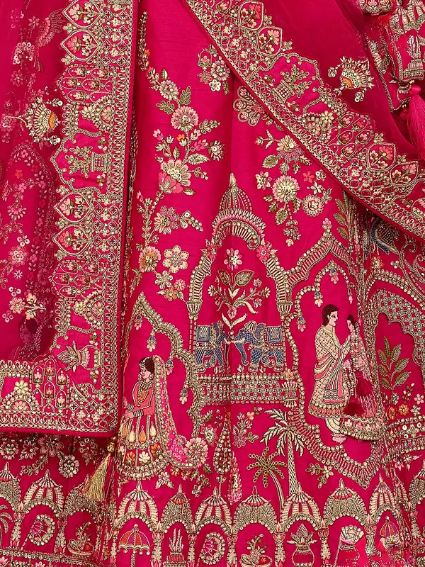 Magenta bridal silk lehenga choli with resham and sequins detailing