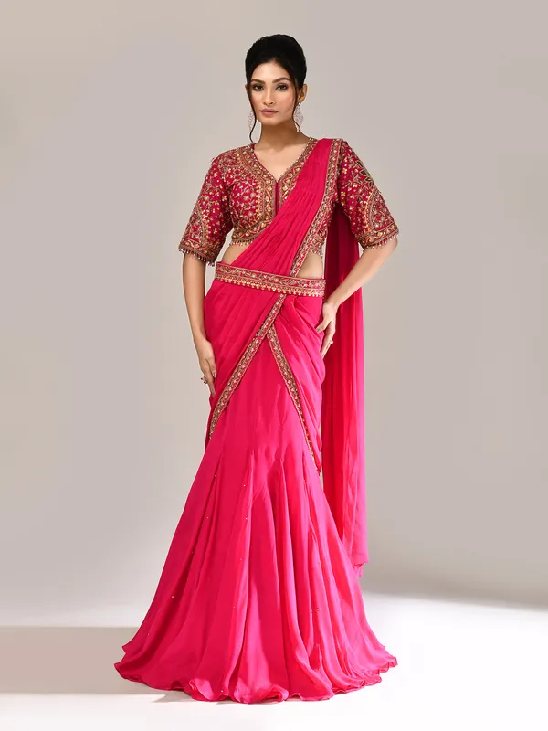Magenta chiffon silk resham work lehenga choli