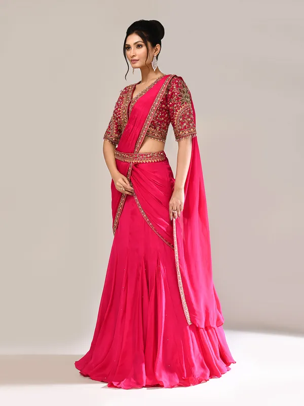 Magenta chiffon silk resham work lehenga choli